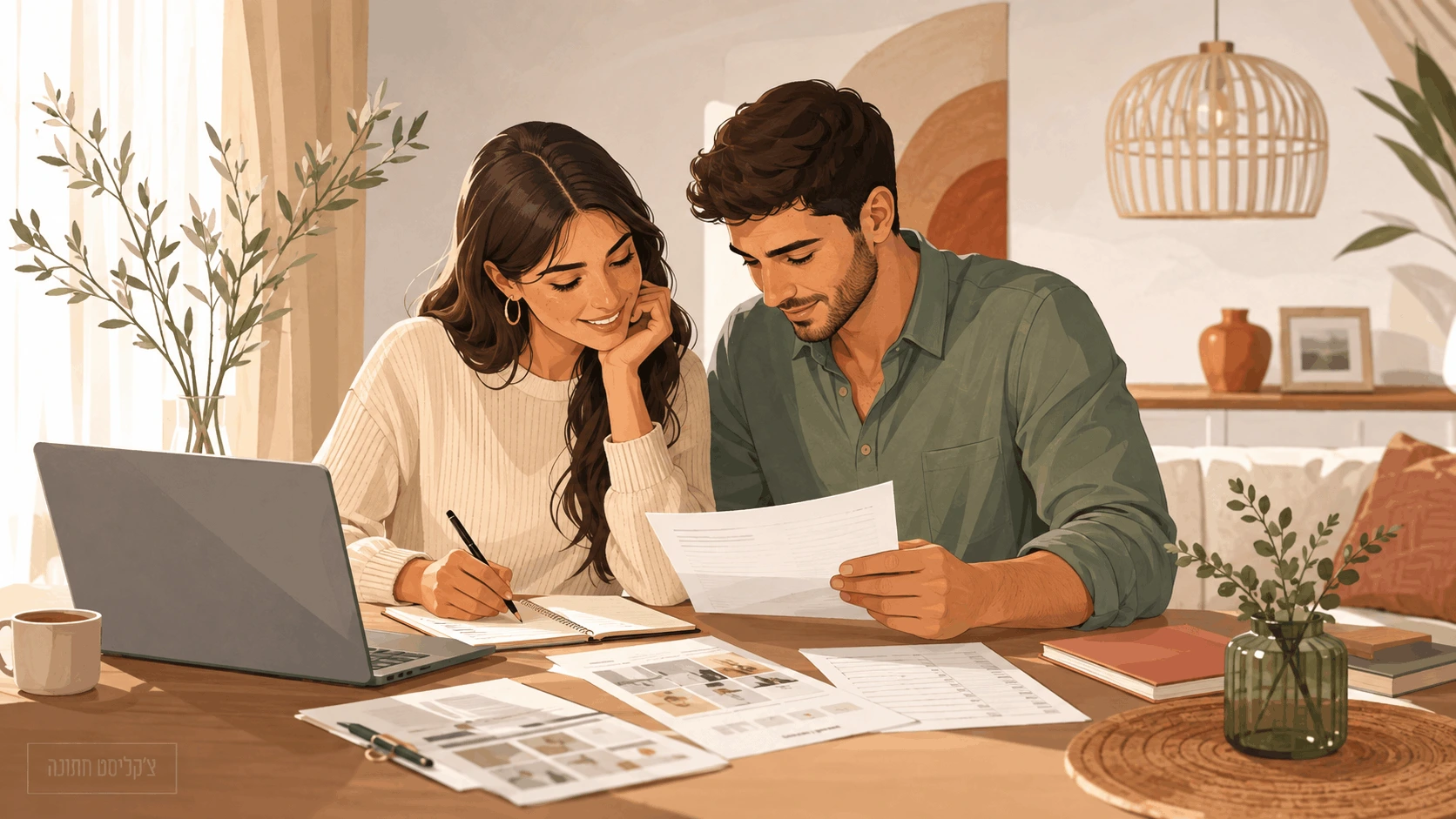 זוג יושב בבית עם מחשב וצ׳קליסט ומתכנן את תקציב החתונה