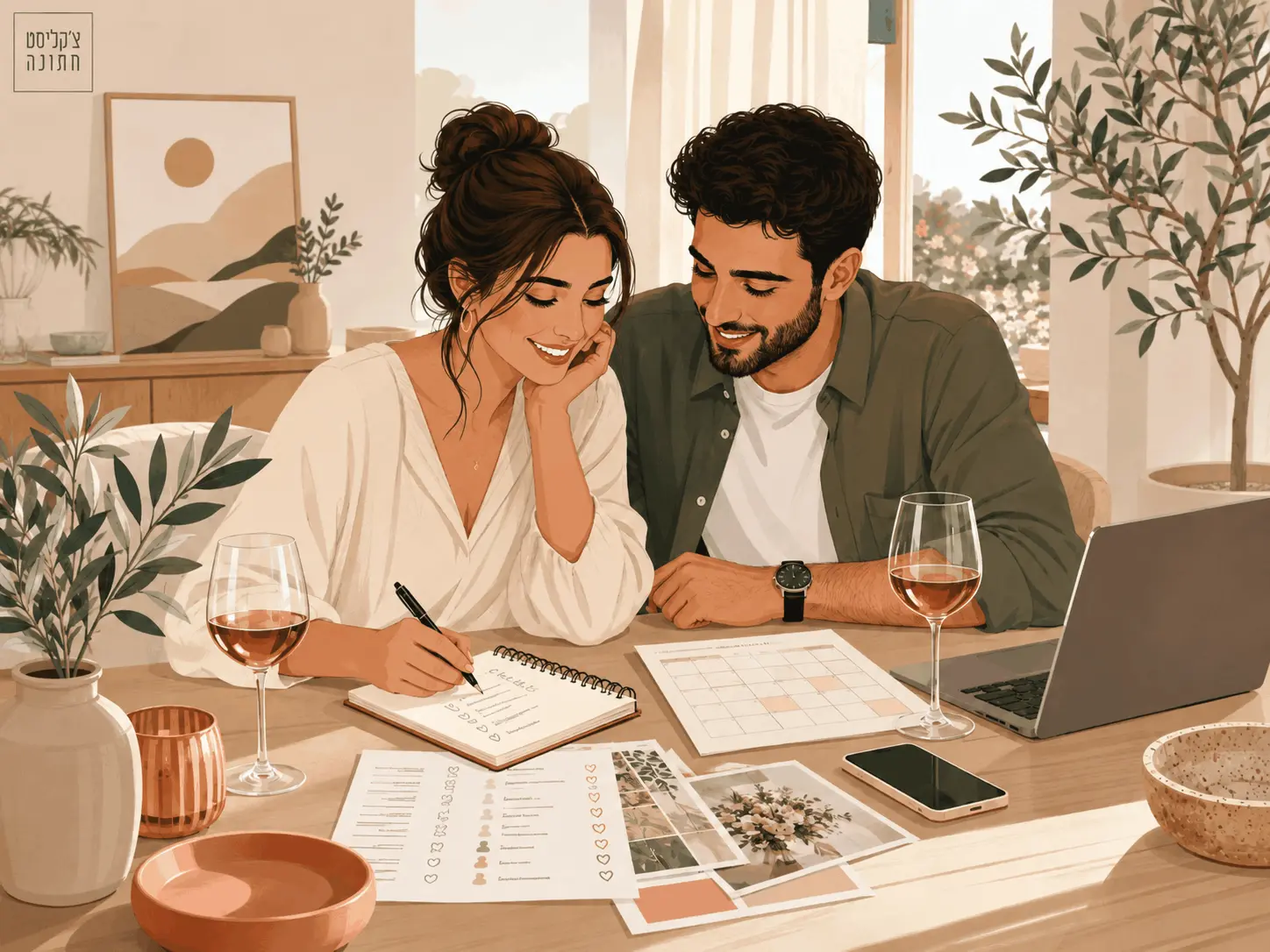 זוג מתחיל לתכנן חתונה יחד עם צ׳קליסט, לוח שנה ומחשב