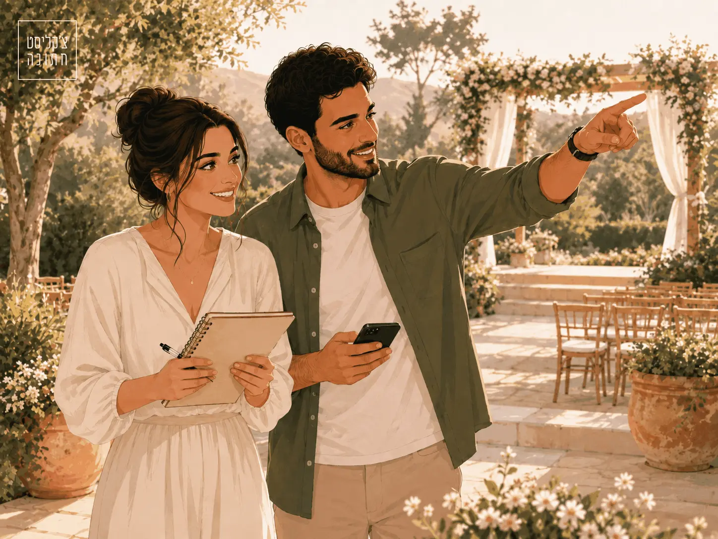 זוג בוחן מקום לחתונה ומתכנן את פרטי האירוע