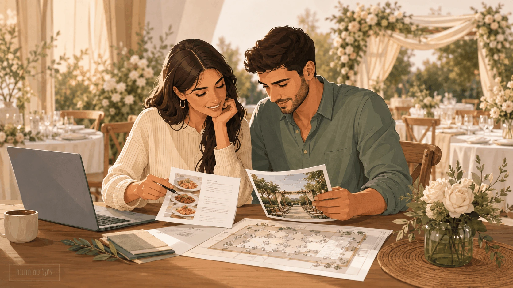 זוג בוחן תפריט של גן אירועים ומפת הושבה על שולחן עץ