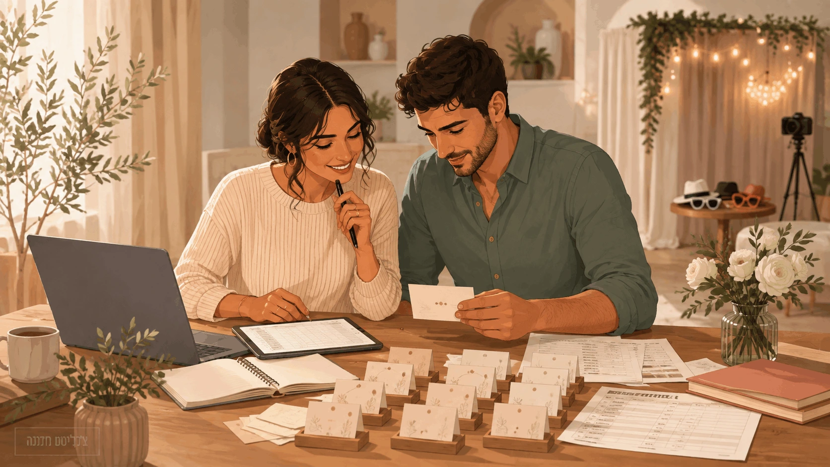 זוג מסדר כרטיסי הושבה ומנהל אישורי הגעה לקראת החתונה